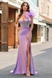 Fuchsia Mermaid One Shoulder Removable Ruffles Long Prom Dress with Slit