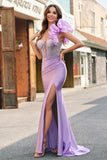 Fuchsia Mermaid One Shoulder Removable Ruffles Long Prom Dress with Slit