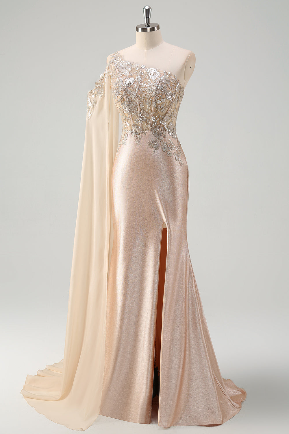 Sparkly Champagne Mermaid One Shoulder Sequin Prom Dress
