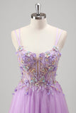 Glitter Beaded Lilac Floral Appliques Corset Prom Dress