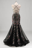 Black Beaded Mermaid Spaghetti Straps Floral Tulle Prom Dress