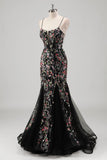 Black Beaded Mermaid Spaghetti Straps Floral Tulle Prom Dress