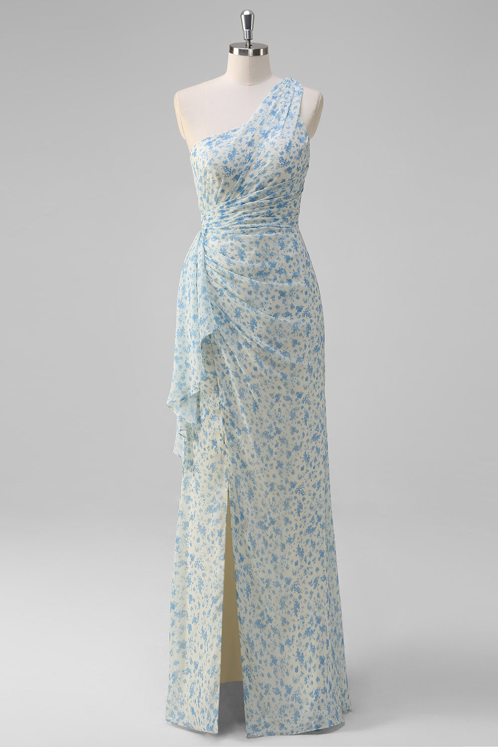 White Blue Flower Sheath One Shoulder Maxi Dress with Slit