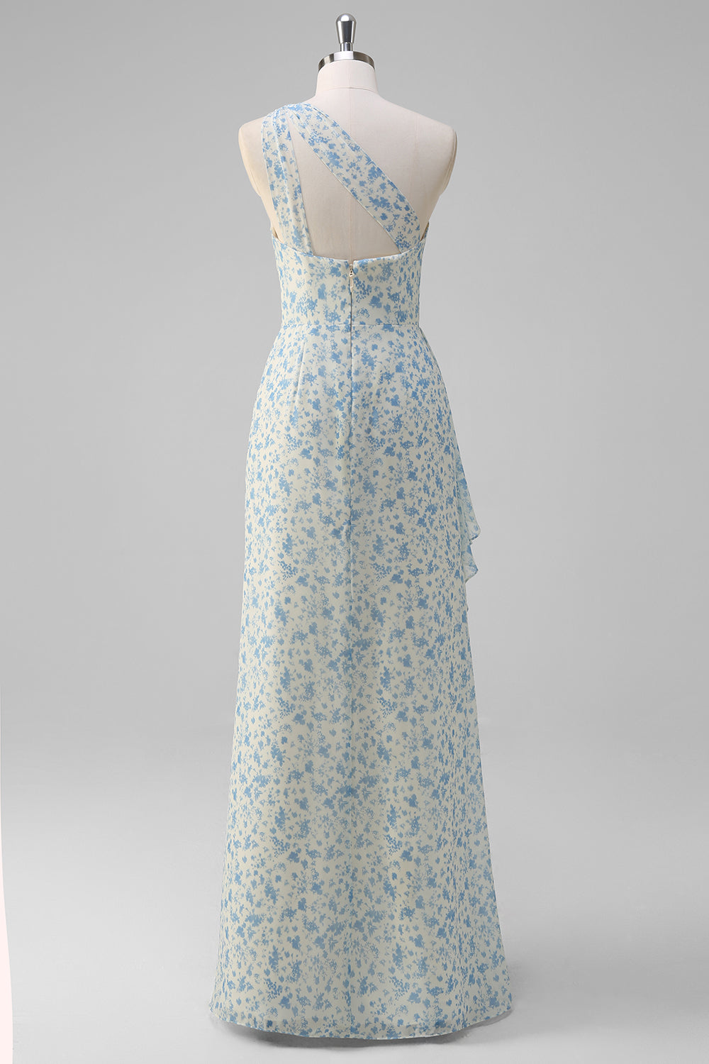 White Blue Flower Sheath One Shoulder Maxi Dress with Slit