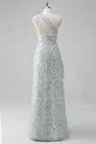 White Blue Flower Sheath One Shoulder Maxi Dress with Slit