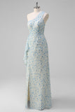 White Blue Flower Sheath One Shoulder Maxi Dress with Slit