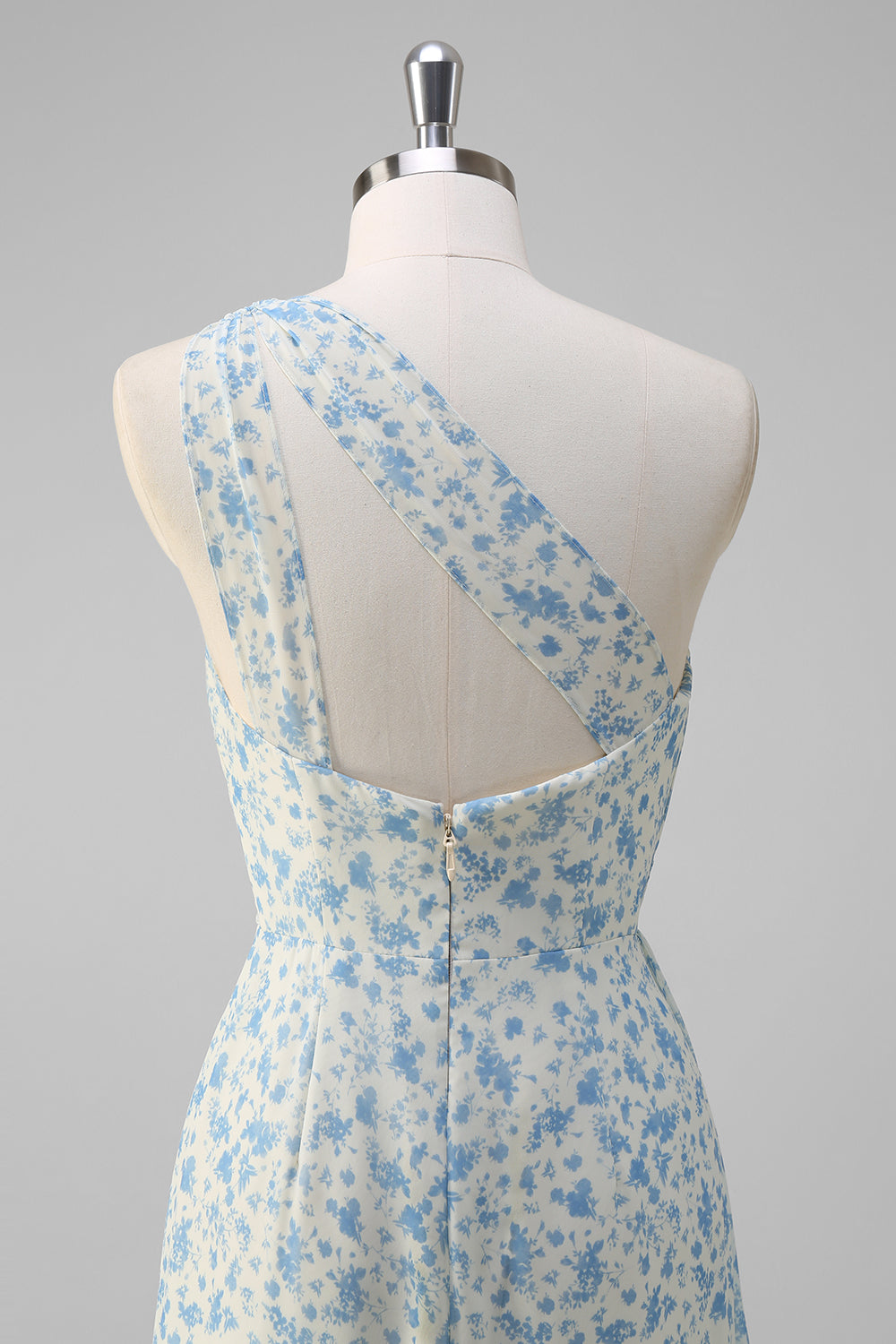 White Blue Flower Sheath One Shoulder Maxi Dress with Slit