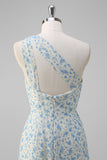 White Blue Flower Sheath One Shoulder Maxi Dress with Slit