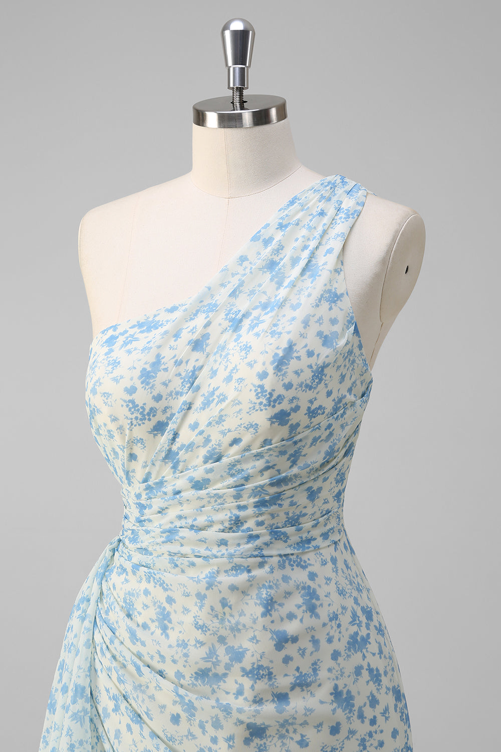 White Blue Flower Sheath One Shoulder Maxi Dress with Slit