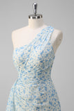 White Blue Flower Sheath One Shoulder Maxi Dress with Slit