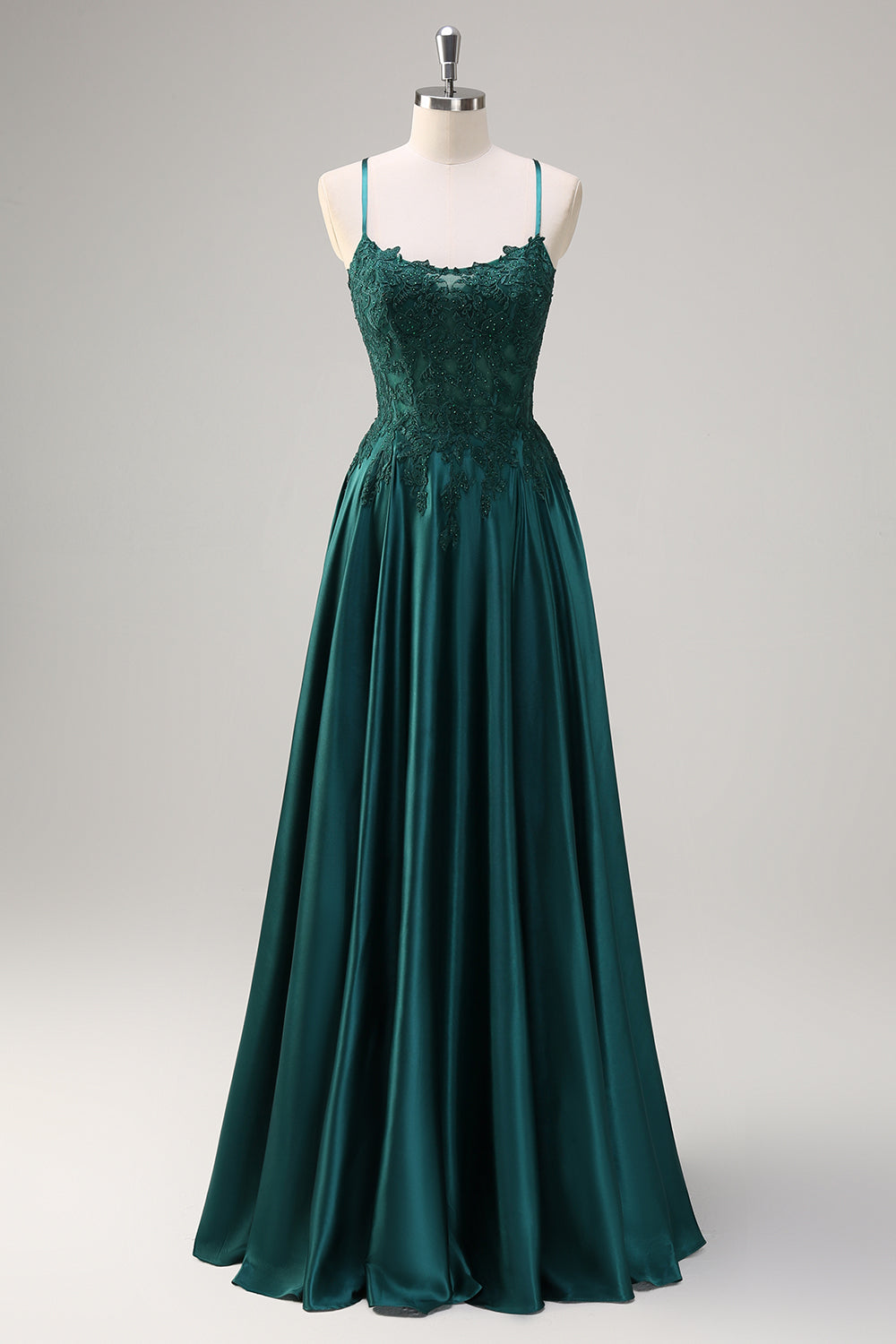 Dark Green A-Line Spaghetti Straps Beaded Satin Long Prom Dress with Appliques