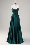 Dark Green A-Line Spaghetti Straps Beaded Satin Long Prom Dress with Appliques