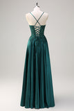 Dark Green A-Line Spaghetti Straps Beaded Satin Long Prom Dress with Appliques