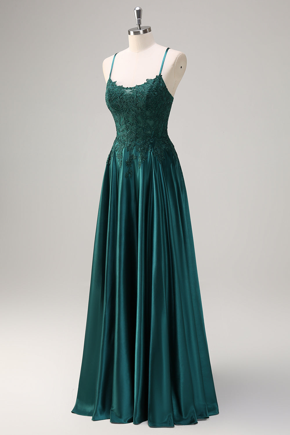 Dark Green A-Line Spaghetti Straps Beaded Satin Long Prom Dress with Appliques
