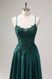 Dark Green A-Line Spaghetti Straps Beaded Satin Long Prom Dress with Appliques