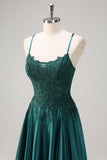 Dark Green A-Line Spaghetti Straps Beaded Satin Long Prom Dress with Appliques