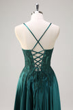 Dark Green A-Line Spaghetti Straps Beaded Satin Long Prom Dress with Appliques