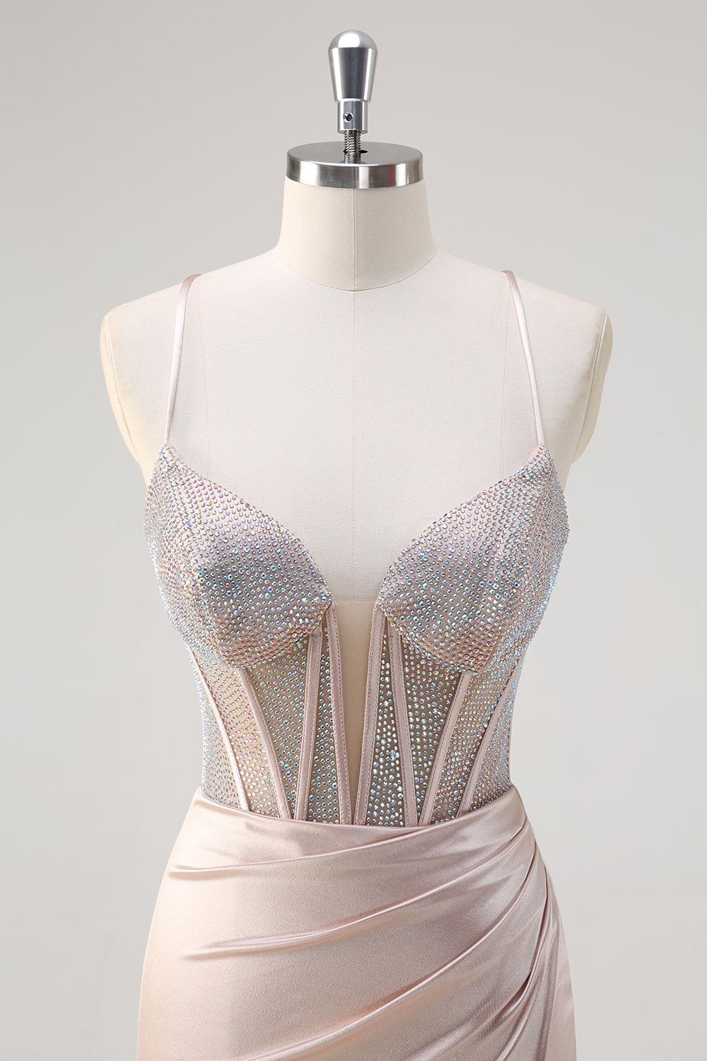 Blush Spaghetti Straps Mermaid Corset Beaded Long Prom Dress