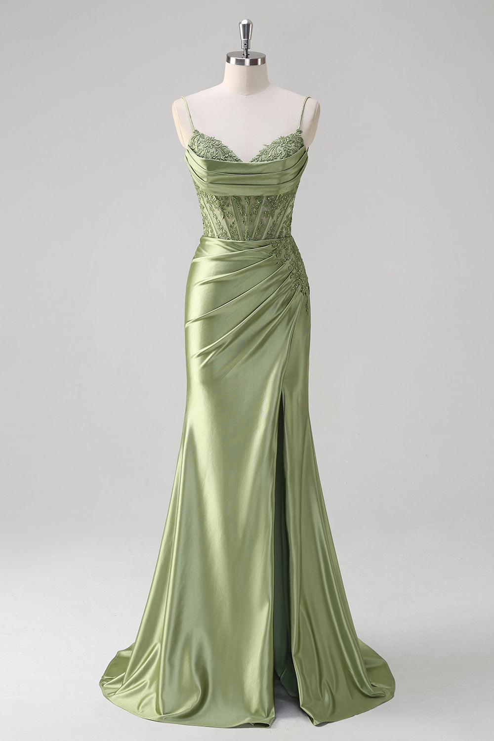 Green Mermaid Pleated Corset Beaded Long Prom Dress with Slit