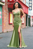 Green Mermaid Pleated Corset Beaded Long Prom Dress with Slit