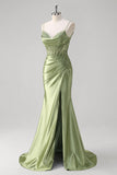 Green Mermaid Pleated Corset Beaded Long Prom Dress with Slit