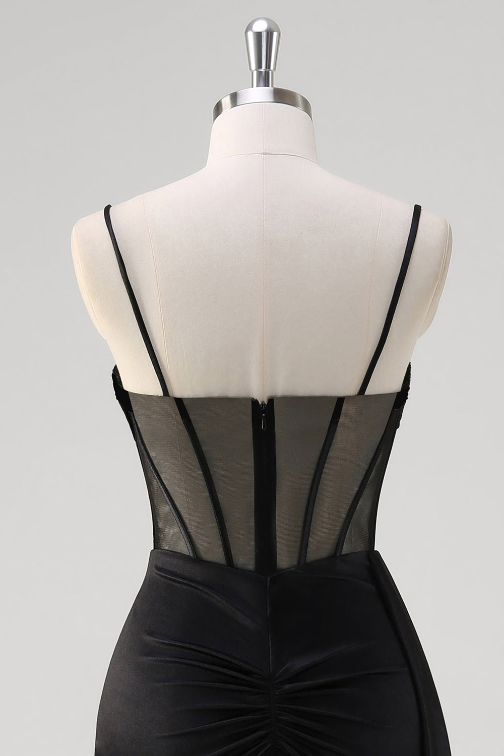 Black Spaghetti Straps Satin Mermaid Long Corset Prom Dress with Slit