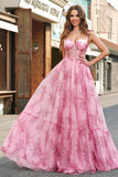 Blush Floral A Line Spaghetti Straps Corset Prom Dress