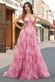 Blush Floral A Line Spaghetti Straps Corset Prom Dress
