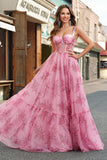 Blush Floral A Line Spaghetti Straps Corset Prom Dress