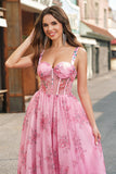 Blush Floral A Line Spaghetti Straps Corset Prom Dress