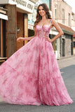 Blush Floral A Line Spaghetti Straps Corset Prom Dress