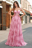 Blush Floral A Line Spaghetti Straps Corset Prom Dress