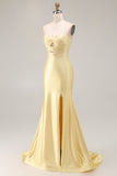 Yellow Strapless Mermaid Cut Out Beaded Prom Dress