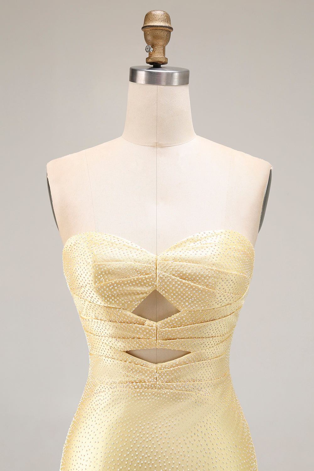 Yellow Strapless Mermaid Cut Out Beaded Prom Dress