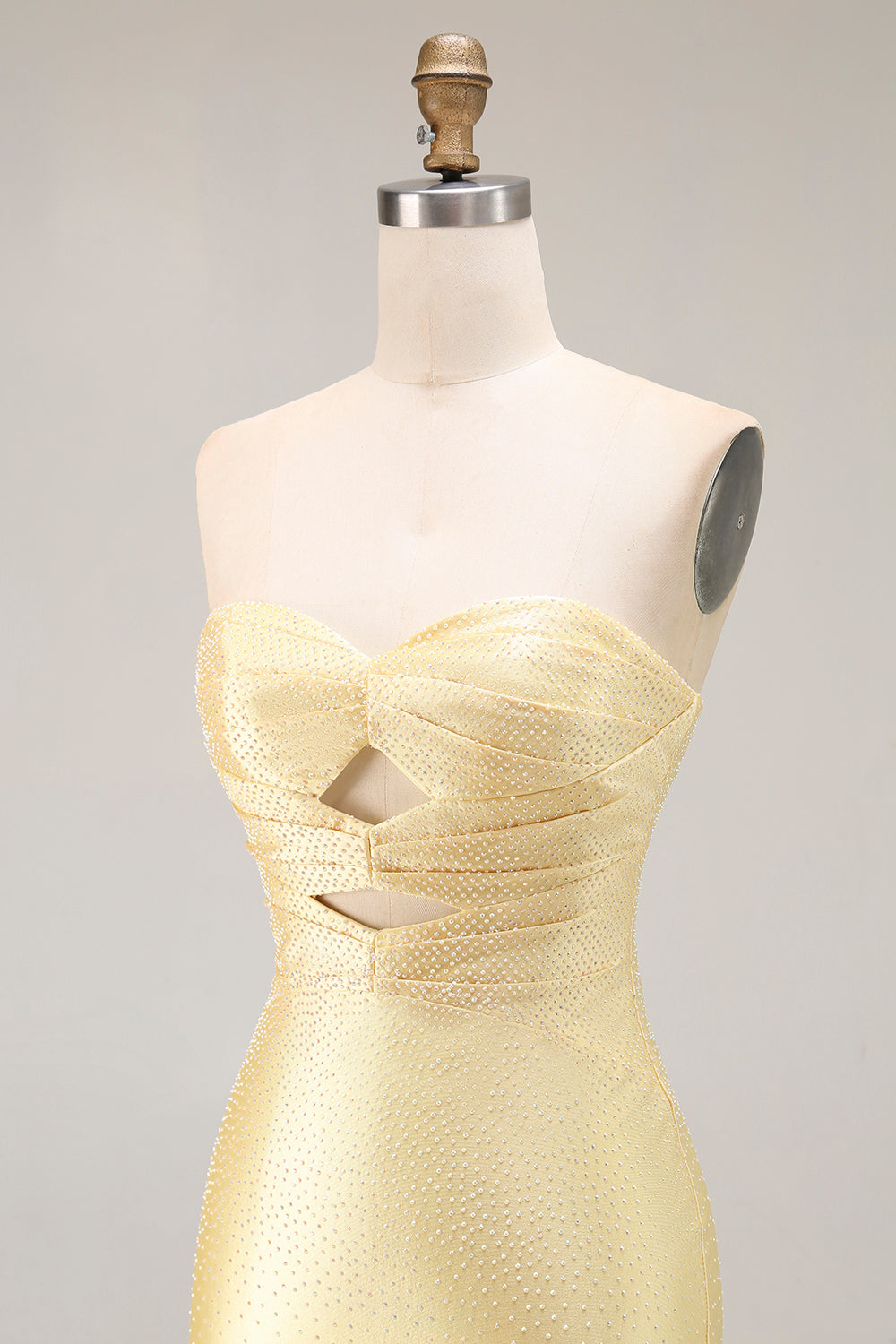 Yellow Strapless Mermaid Cut Out Beaded Prom Dress