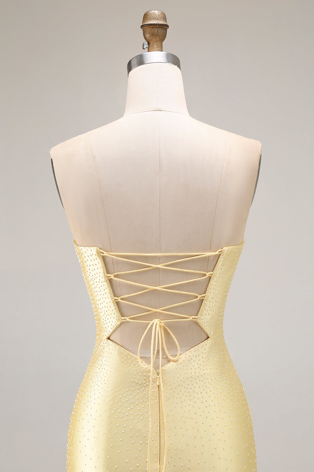 Yellow Strapless Mermaid Cut Out Beaded Prom Dress