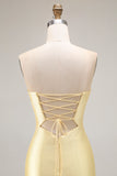 Yellow Strapless Mermaid Cut Out Beaded Prom Dress