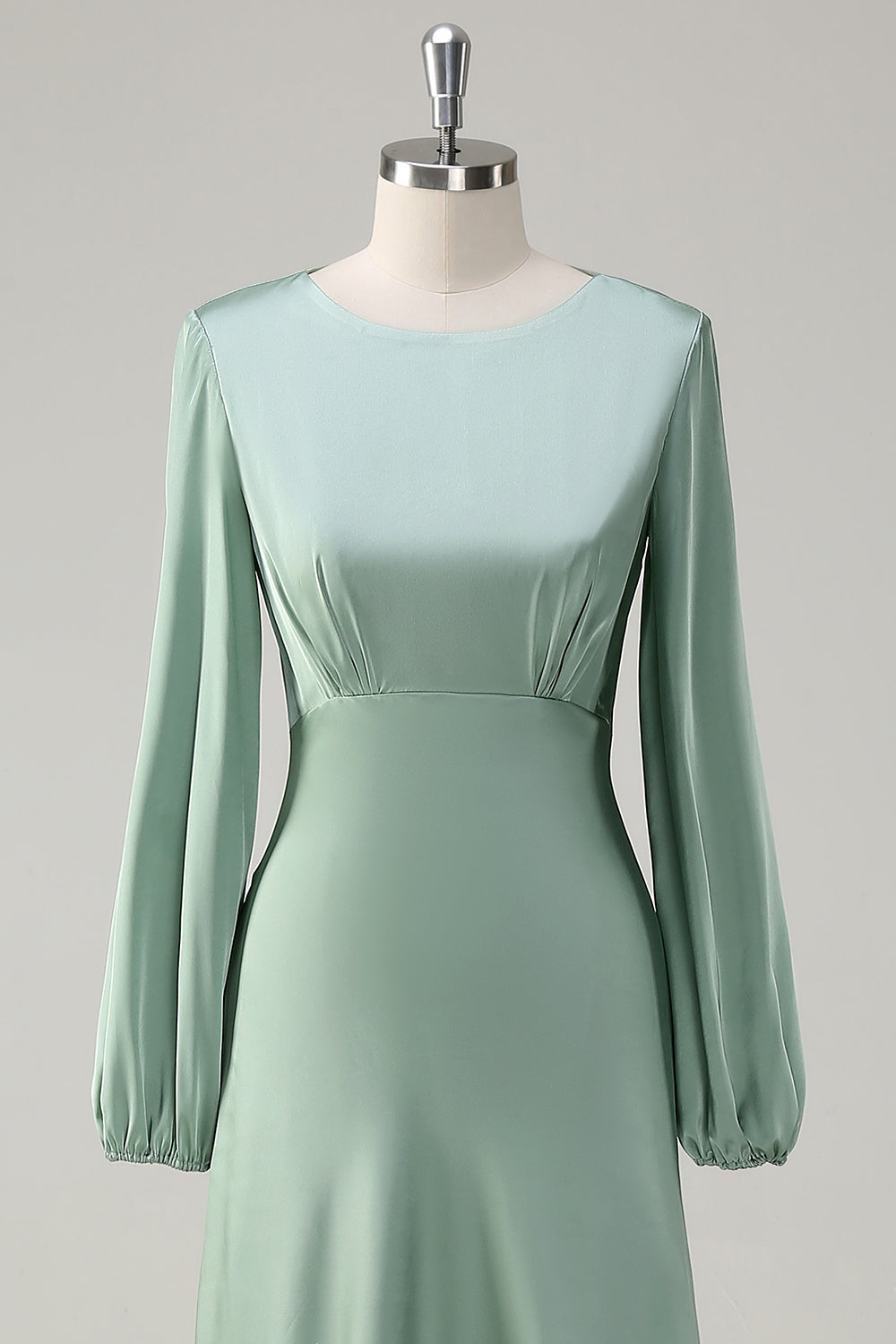 Agave A-Line Round Neck Satin Long Bridesmaid Dress with Long Sleeves