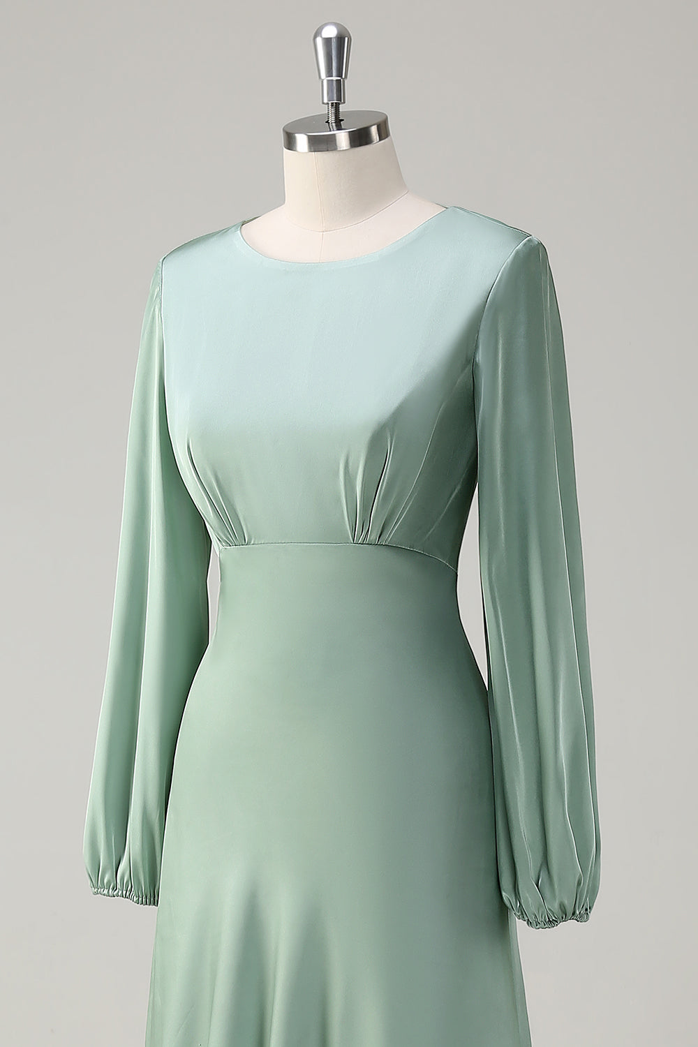 Agave A-Line Round Neck Satin Long Bridesmaid Dress with Long Sleeves