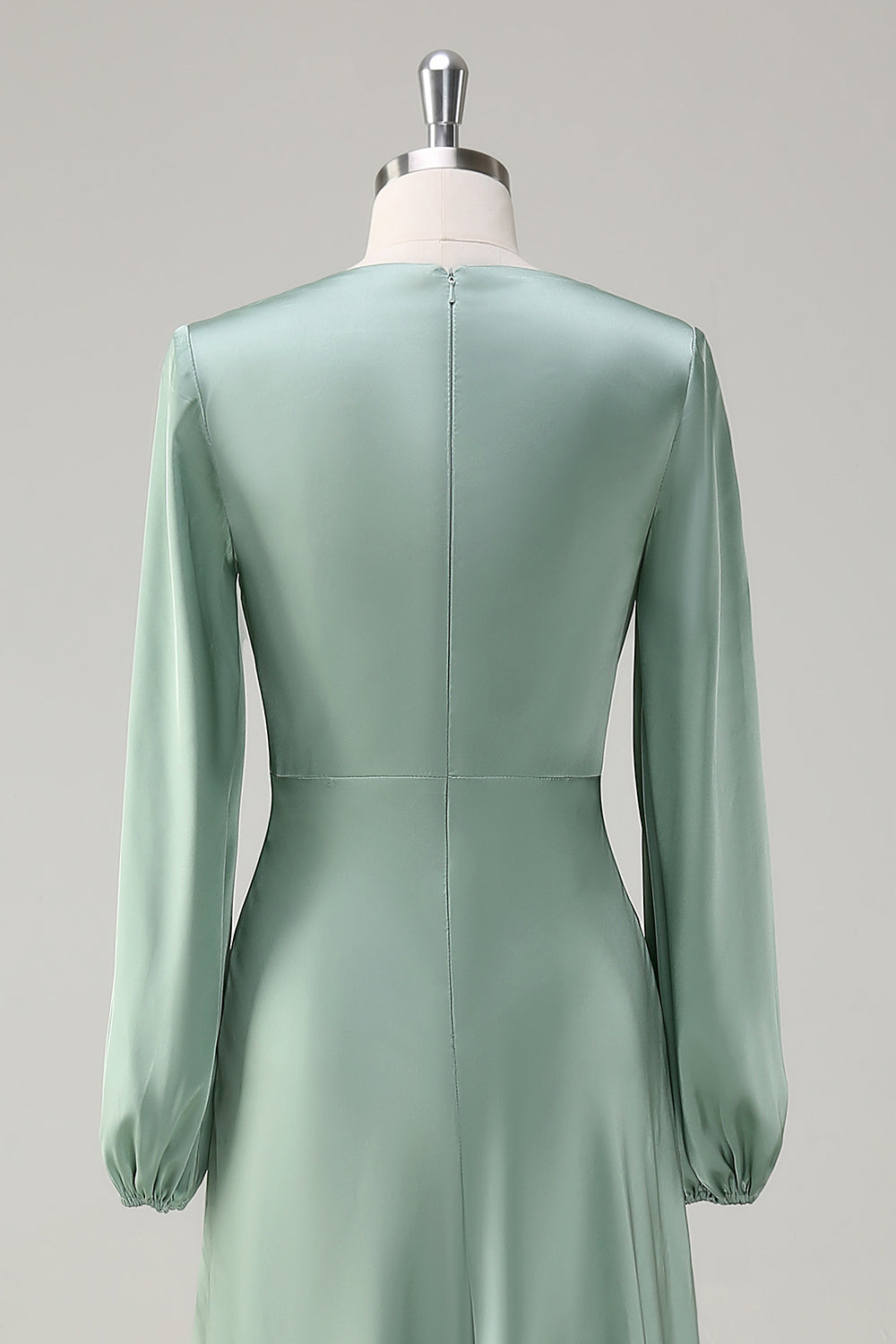 Agave A-Line Round Neck Satin Long Bridesmaid Dress with Long Sleeves