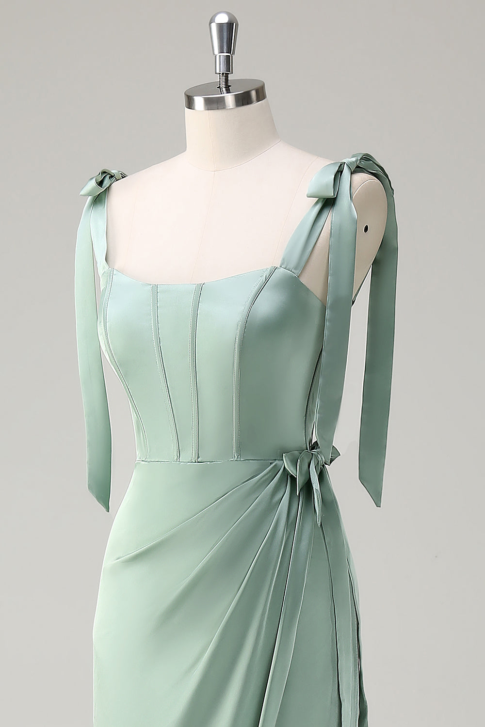 Agave Sheath Bow Straps Ruched Corset Long Bridesmaid Dress with Slit