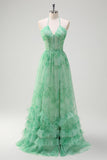 Green A-Line Halter Floral Corset Ruffled Long Prom Dress with Slit