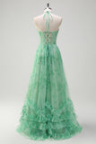 Green A-Line Halter Floral Corset Ruffled Long Prom Dress with Slit
