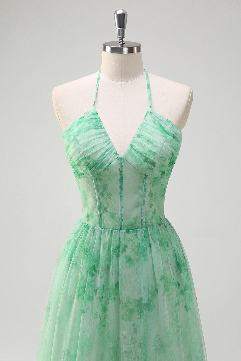 Green A-Line Halter Floral Corset Ruffled Long Prom Dress with Slit