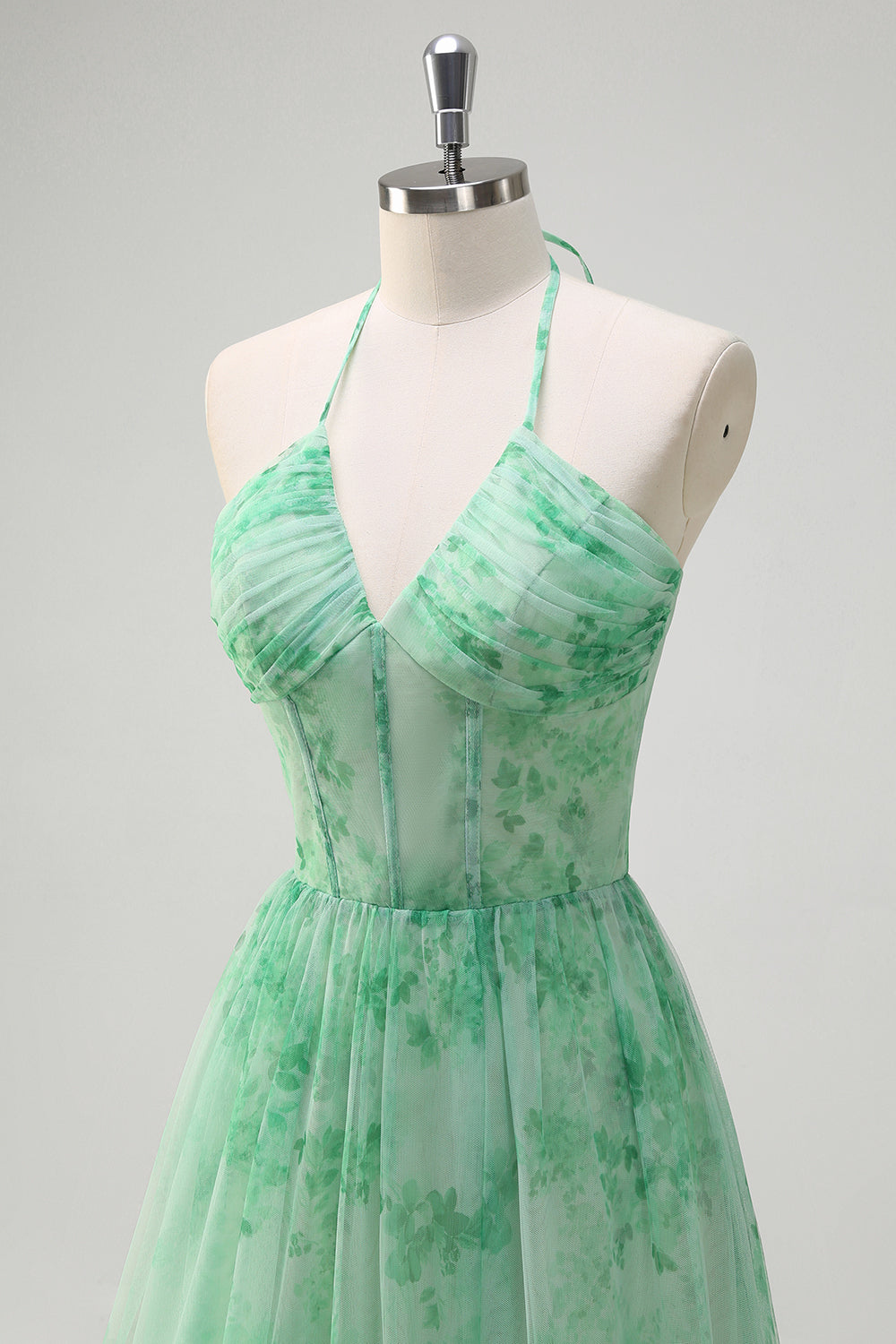 Green A-Line Halter Floral Corset Ruffled Long Prom Dress with Slit