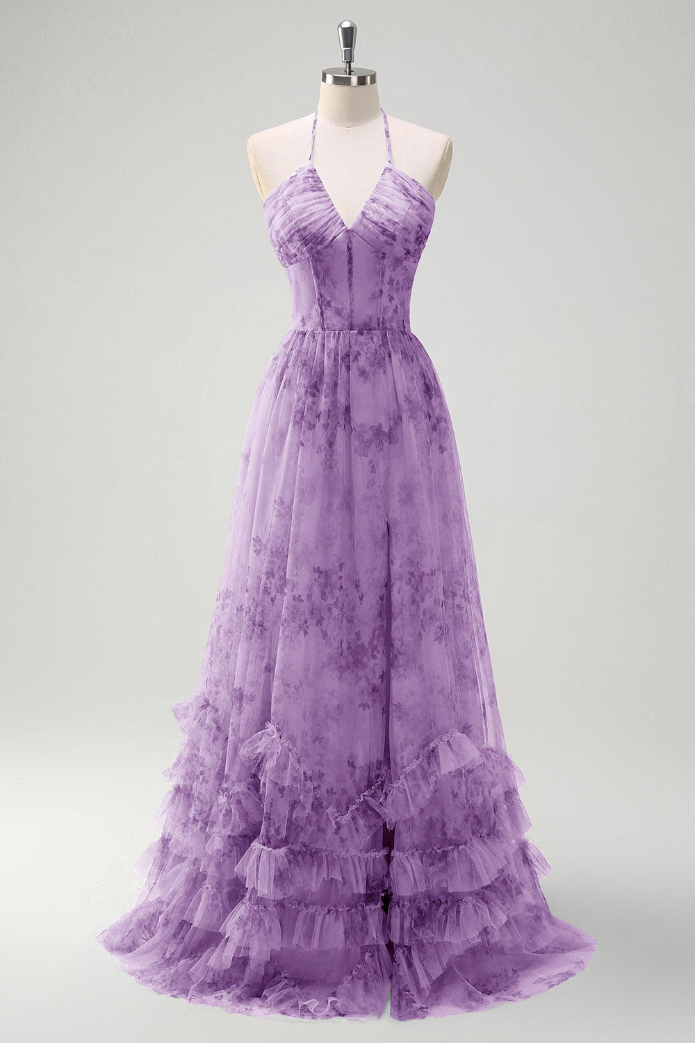 Green A-Line Halter Floral Corset Ruffled Long Prom Dress with Slit