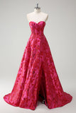 Fuchsia Sweetheart Princess Floral Jacquard Corset Long Prom Dress with Slit