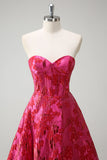 Fuchsia Sweetheart Princess Floral Jacquard Corset Long Prom Dress with Slit