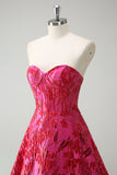 Fuchsia Sweetheart Princess Floral Jacquard Corset Long Prom Dress with Slit
