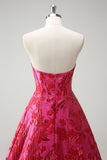 Fuchsia Sweetheart Princess Floral Jacquard Corset Long Prom Dress with Slit